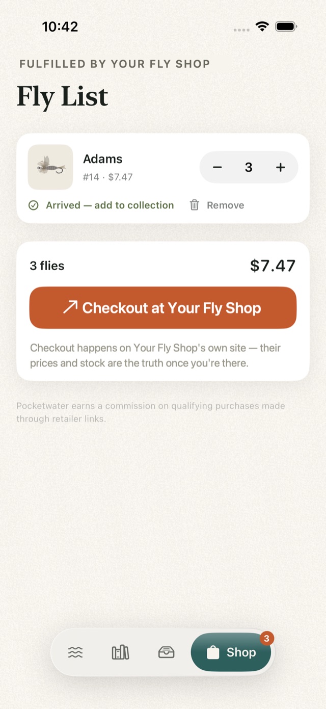 Pocketwater's Fly List handing a filled cart to a partner fly shop's own checkout